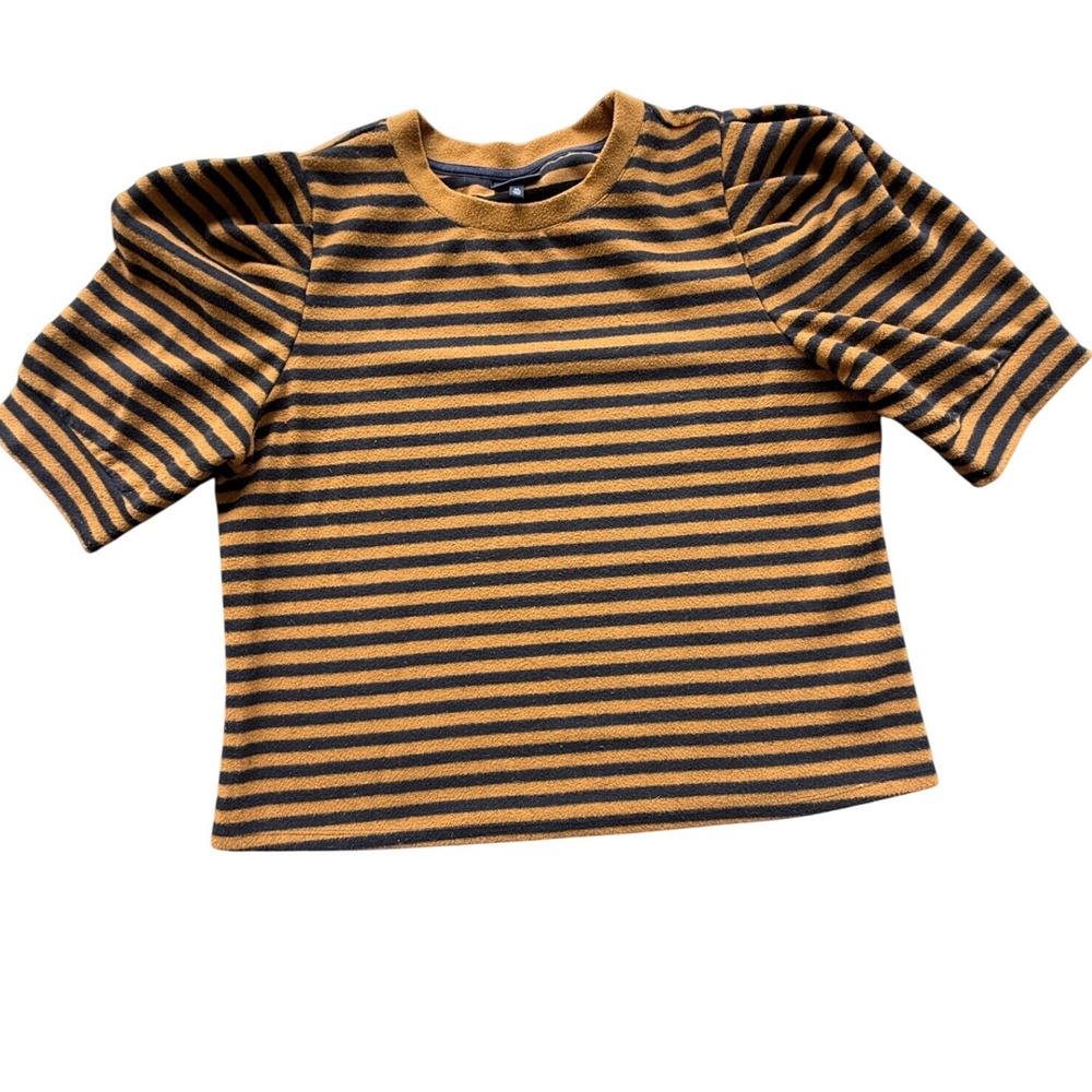 Who What Wear XL Brushed Fleece Top Mustard Black Stripe Puff Sleeve Pullover